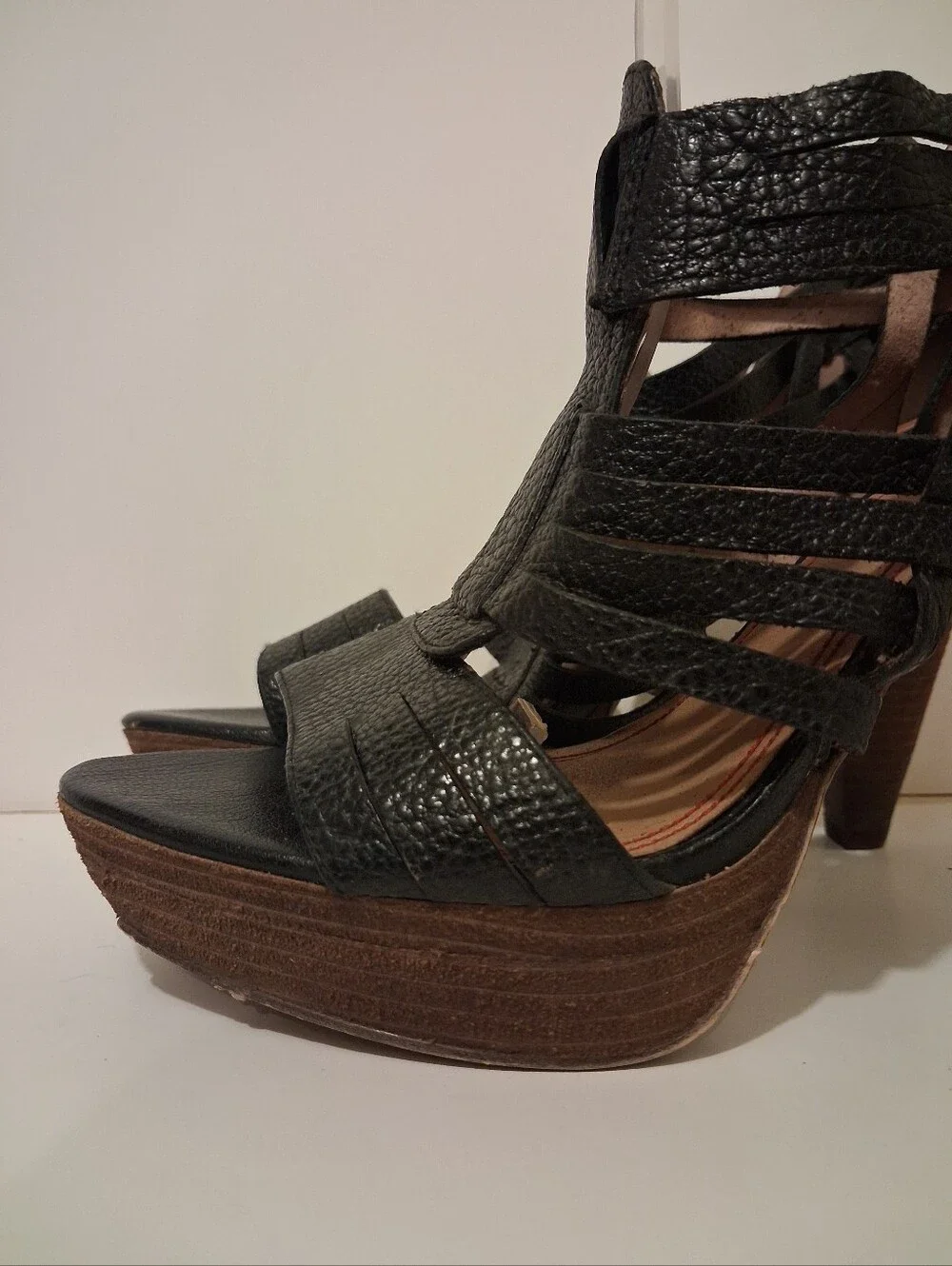 Miss Sixty Black Leather Cage Strappy Wood Platform Heels Sz 41